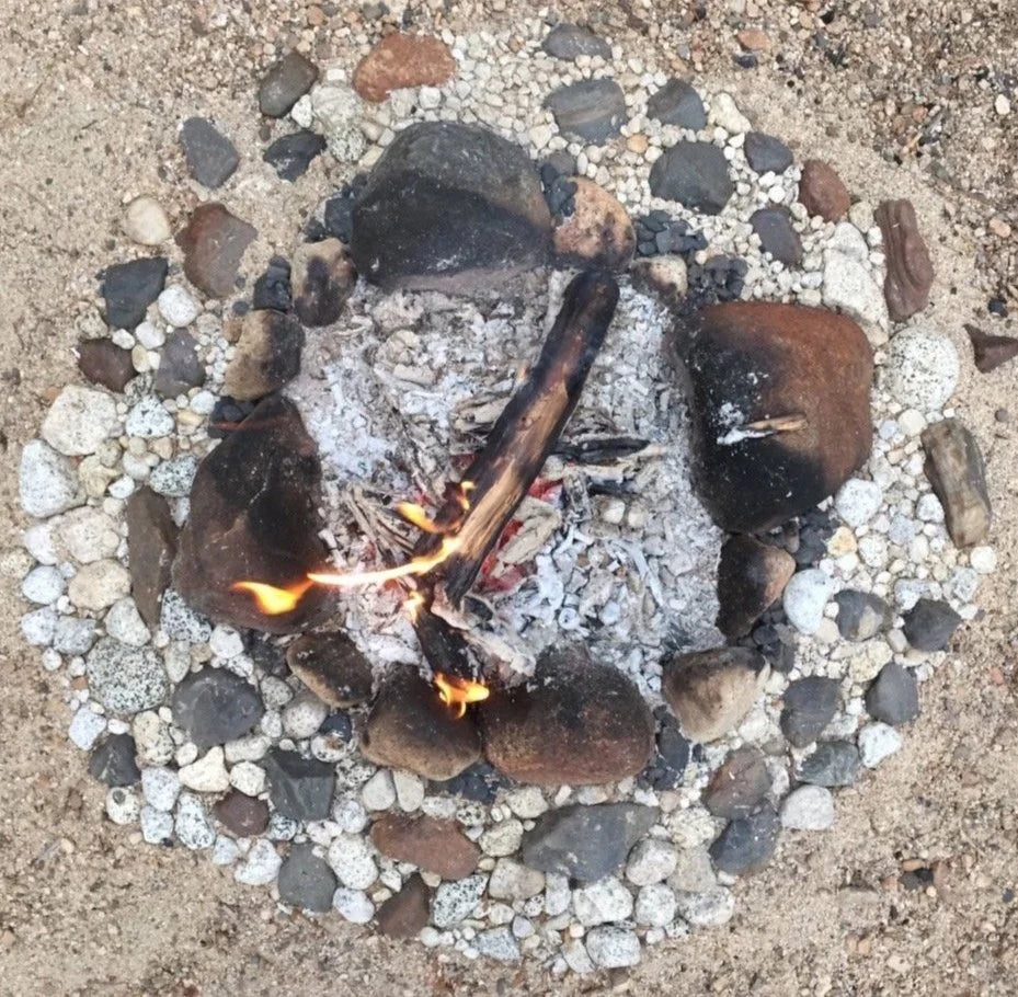Small campfire surrounded by rocks